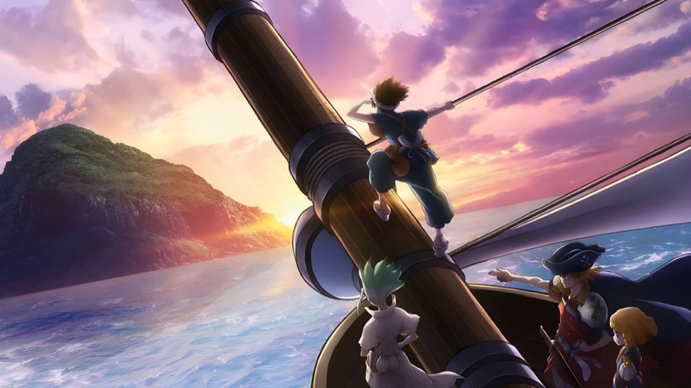 The Kingdom of Science sights land from the deck of the Perseus in Dr. STONE: New World