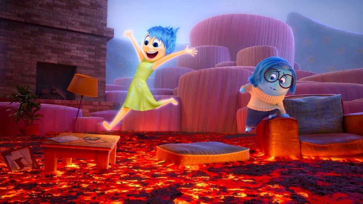 Inside Out - Joy and Sadness crossing a floor-is-lava landscape inside Riley's mind