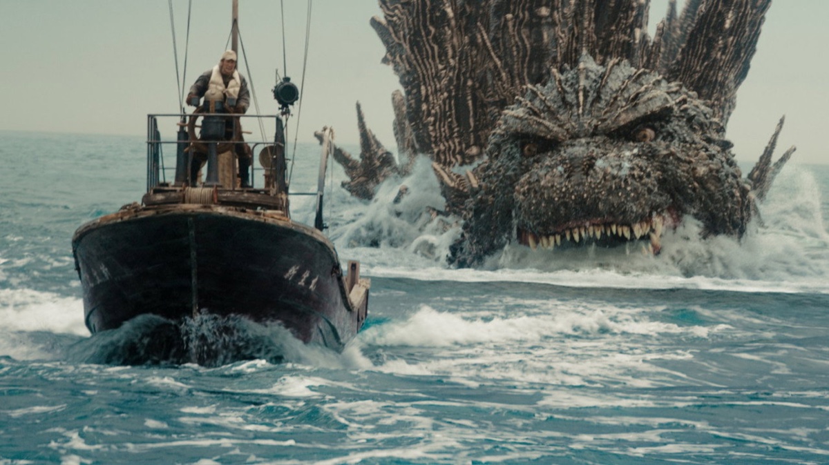 Godzilla Minus One (2023) - Godzilla chasing the wooden minesweeper boat