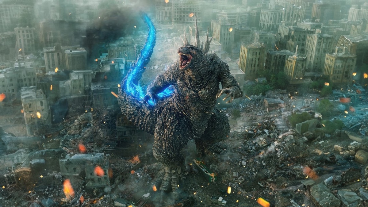 Godzilla Minus One (2023) - Godzilla’s dorsal plates glowing blue in the ruined city