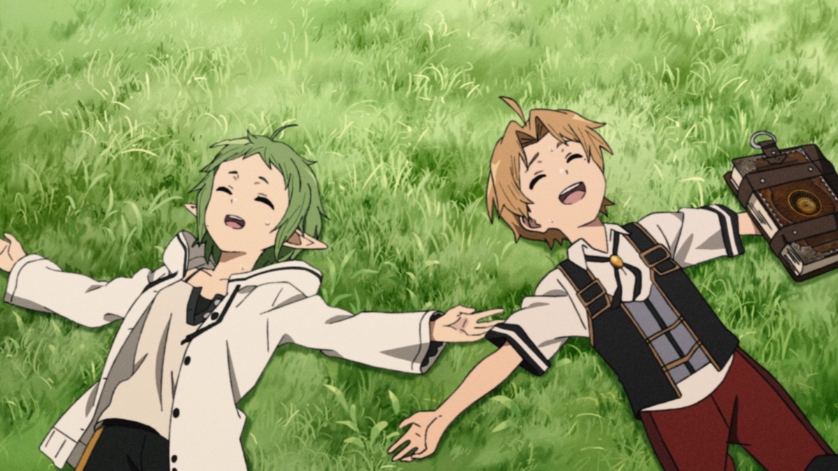 Mushoku Tensei Season 1: Rudeus and Sylphie lying in the grass