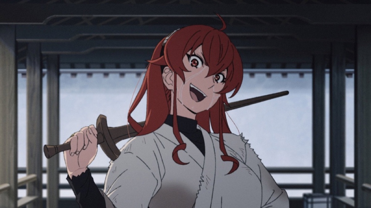 Mushoku Tensei Season 3 - Eris with a sword over her shoulder in episode 2